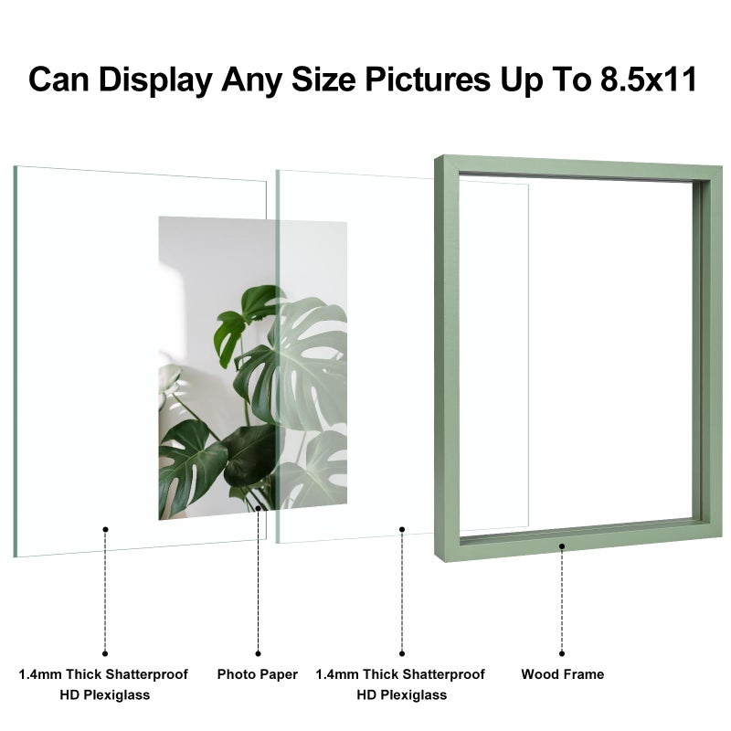 egofine 8.5x11 إطارات العائمة مجموعة من 2 إطار صورة مزدوجة plexiglass مصنوعة من الخشب الصلب عرض أي صورة الحجم حتى 8.5x11 الحائط أو الطاولة الدائمة الخضراء - Image 3