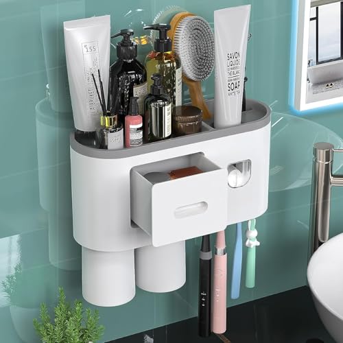 Tyzag Toothbrush Holder Wall Mounted, Automatic Toothpaste Dispenser Squeezer Kit -Magnetic Toothbrush Holder for Bathroom, 4 Brush Slots 2 Cups 1 Cosmetic Drawer1 Large Storage Tray (2 Cup, Grey) - Image 1