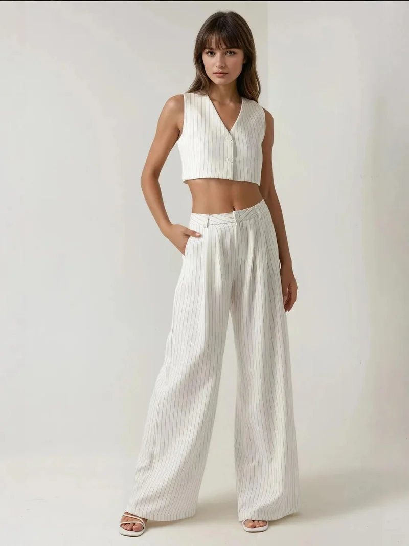 زوبعة بنطلون واسع الساق مخطط بخصر عالٍ من مجموعة بيكا