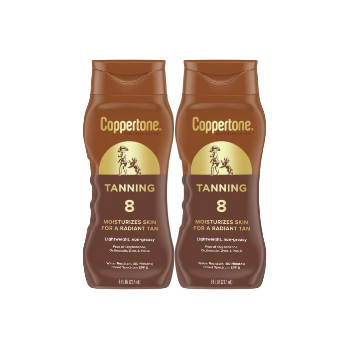 Coppertone Sunscreen Tanning Lotion SPF 8, Lightweight and Non Greasy Sunscreen, Water Resistant, Oxybenzone Free, Sun Tan Lotion Moisturizes Skin for a Radiant Tan, 8 Fl Oz Bottle, Pack of 2