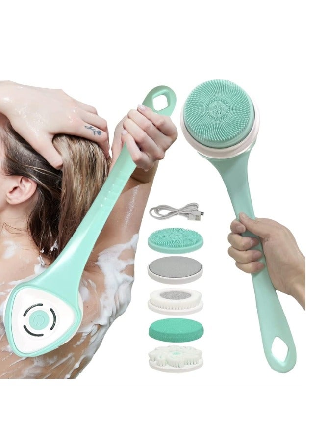 OASIS-TH Electric Body Bath Brush Rechargeable Back Brush Long Handle For Shower With 5 Spin Shower Facial Brush Head Waterproof Silicone Body Scrubber Exfoliating Deep Cleansing Brush For Women Men - Image 1