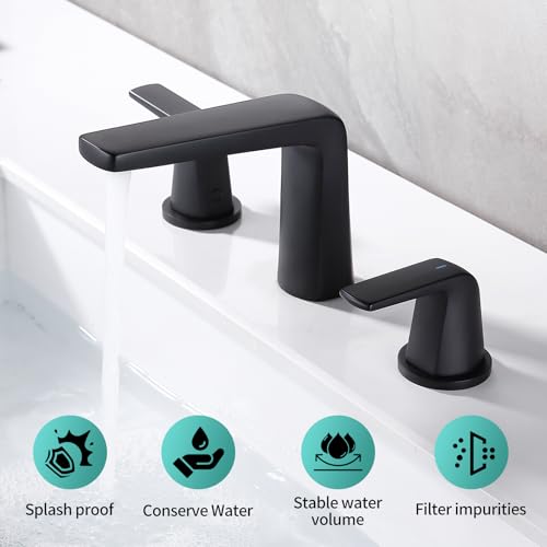 JAKARDA 8 inch 2 Handles Widespread Bathroom Faucet 3 Holes with Pop up Drain Assembly and Water Supply Lines (Black) - Image 2