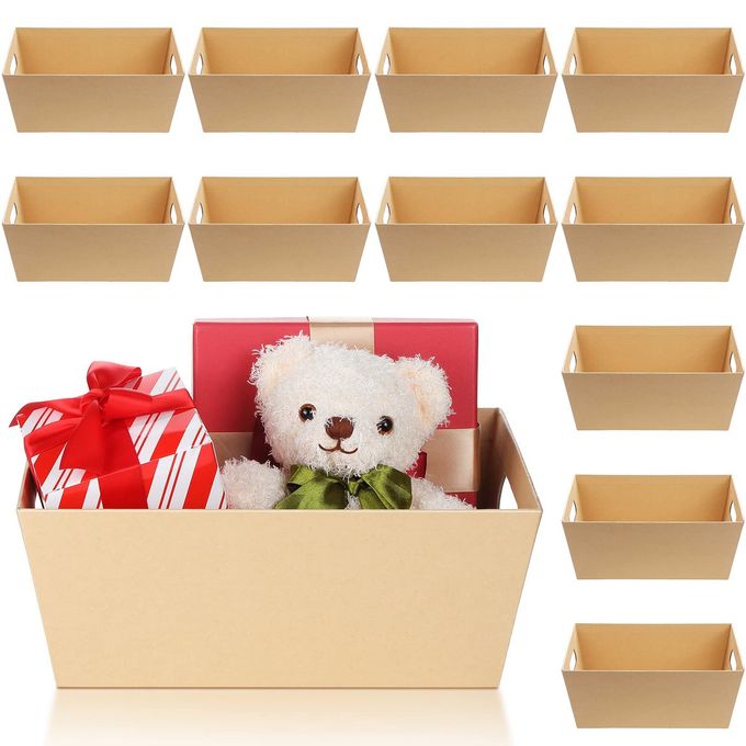 12 PACKS BASKETS FOR GIFTS EMPTY 12 KRAFT GIFT BASKET WITH HANDLES 12 TRANSPARENT BAGS AND 12 PINK BOWS 10X12TRAY CARDBOARD FOR WEDDING BIRTHDAY PARTY CHRISTMAS WRAPPING GIFT