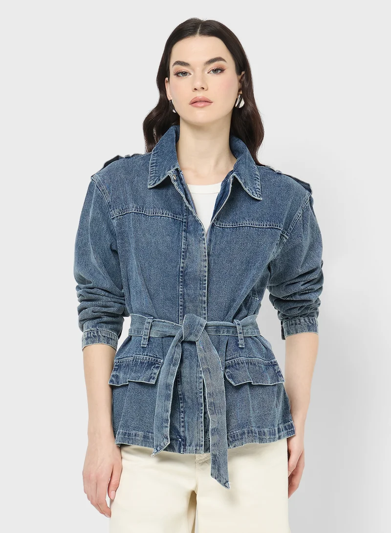 جينجر Longline Belted Denim Jacket