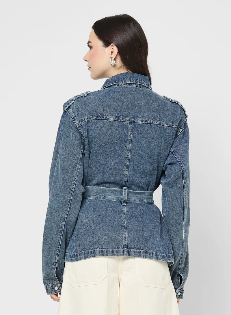 جينجر Longline Belted Denim Jacket