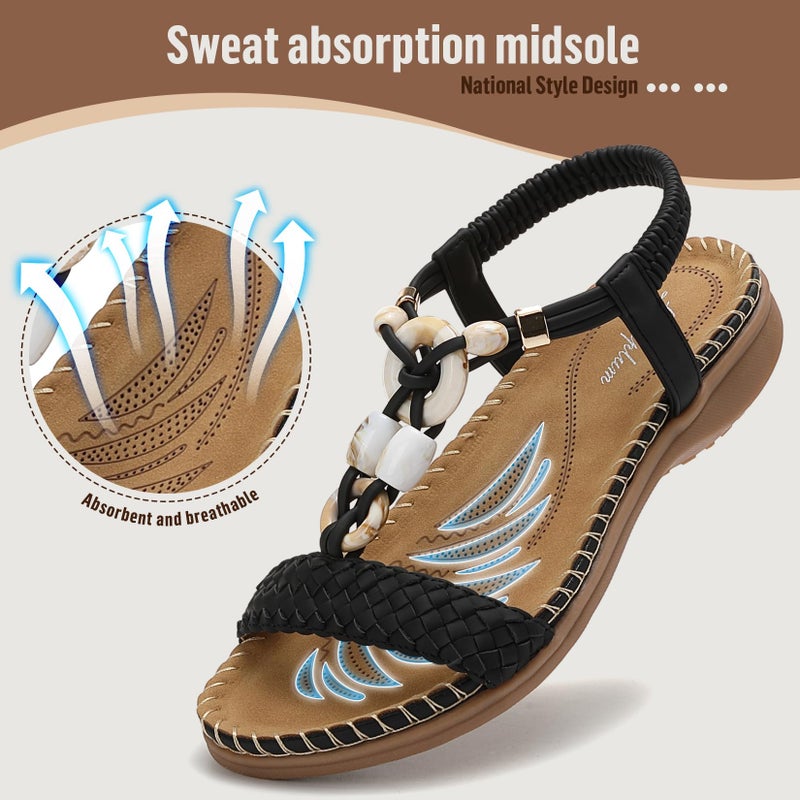 Littleplum Women Sandals Arch Support Handmade Bohemian Braided Flat Sandals Comfort Walking Beach Ankle Elastic Summer Shoes Fashion Black Size 8.5 - Image 5