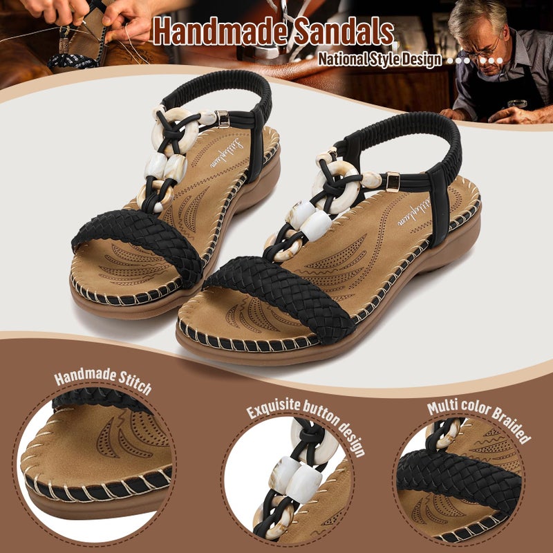 Littleplum Women Sandals Arch Support Handmade Bohemian Braided Flat Sandals Comfort Walking Beach Ankle Elastic Summer Shoes Fashion Black Size 8.5 - Image 4