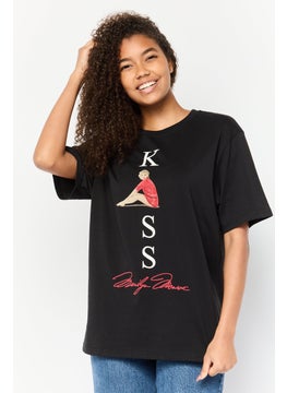 Women Oversized Fit Crew Neck Short Sleeves Graphic Print T-Shirt, Black