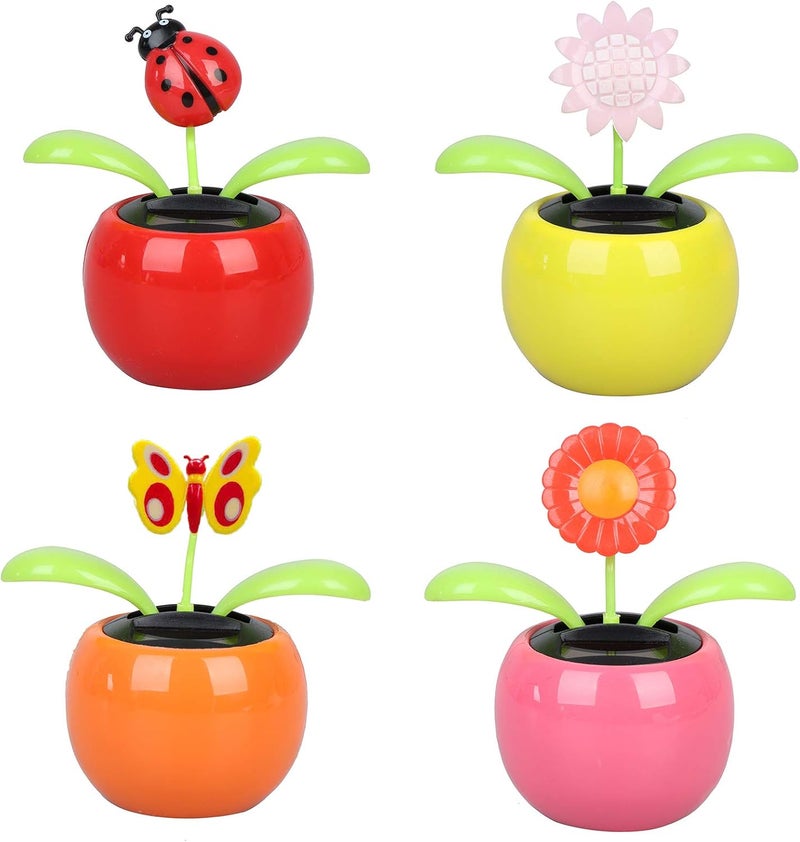 Welecom 4 Solar Dancing Sunflower Toy Solar Powered Dancing Ladybug in Colorful Pots Swinging Butterfly Flip Flap Animated Bobblehead Dancer Window Sun Catcher Car Dashboard Decor Portable Suncatchers - Image 1