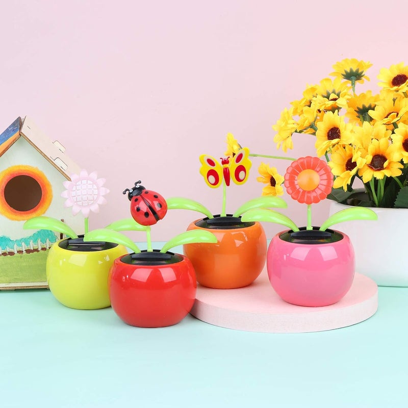 Welecom 4 Solar Dancing Sunflower Toy Solar Powered Dancing Ladybug in Colorful Pots Swinging Butterfly Flip Flap Animated Bobblehead Dancer Window Sun Catcher Car Dashboard Decor Portable Suncatchers - Image 2