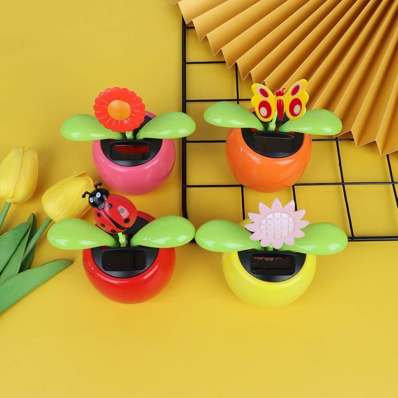 Welecom 4 Solar Dancing Sunflower Toy Solar Powered Dancing Ladybug in Colorful Pots Swinging Butterfly Flip Flap Animated Bobblehead Dancer Window Sun Catcher Car Dashboard Decor Portable Suncatchers - Image 3