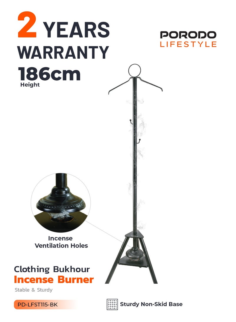 porodo Clothing Bukhour Incense Burner with Stable Tripod Base and 186cm Height /  Bakhour / Luxury Scent / Wrinkle Removal & Scenting / Incense Ventilation Holes /Hanger Garment Scenting - Black - Image 1