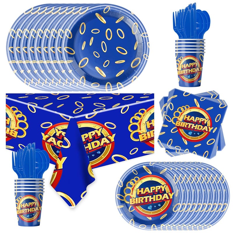 Shunhong 81Pcs Cartoon Blue Hedgehog Birthday Party Supplies,Blue Hedgehog Set Tableware Plates Napkins Cups Knives Spoons Forks - Image 1