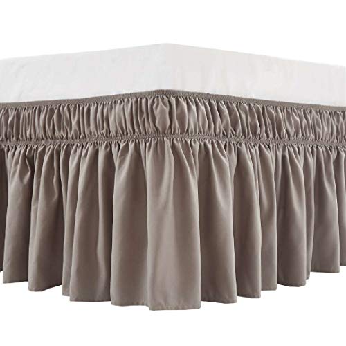 MEILA Wrap Around Bed Skirt Three Fabric Sides Elastic Dust Ruffled 16 Inch Tailored DropEasy to Install Fade ResistantTaupe QueenKing