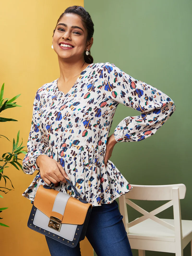 globus Women Cream-Coloured & Blue Abstract Printed V-Neck Puff Sleeve Gathered Peplum Top
