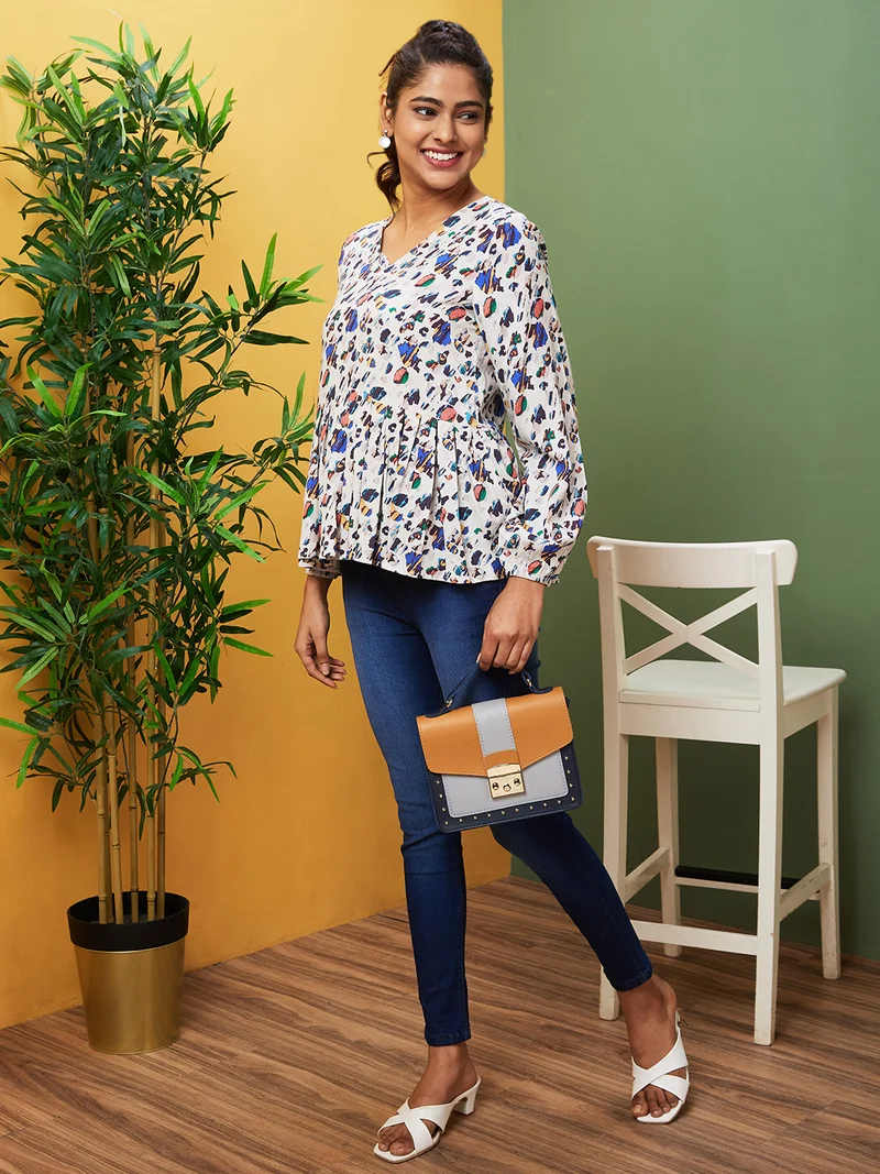 globus Globus Women Cream-Coloured & Blue Abstract Printed V-Neck Puff Sleeve Gathered Peplum Top