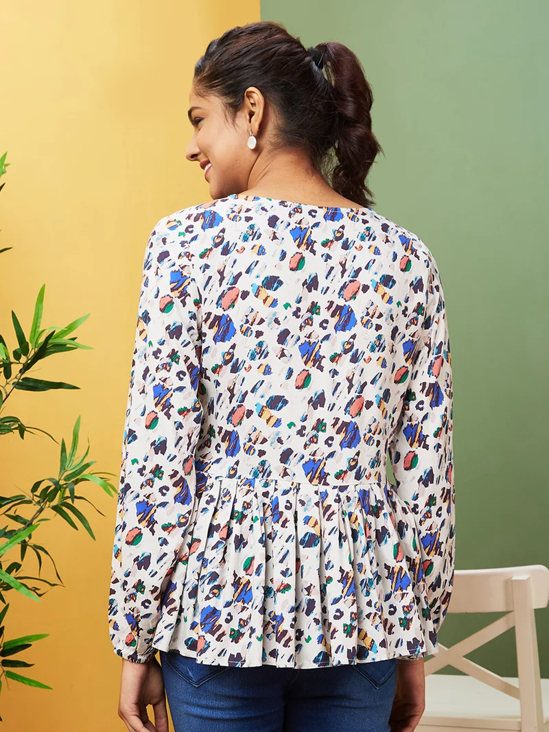 globus Globus Women Cream-Coloured & Blue Abstract Printed V-Neck Puff Sleeve Gathered Peplum Top