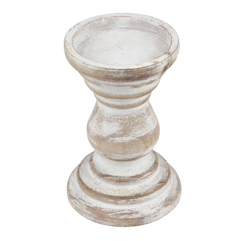 Stonebriar Antique White Wooden Pillar Candle Holder, Vintage Seaside Pillar Stand for Dining Table Centerpiece, Coffee Table, Mantel, Or Any Table Top, Medium - Image 2