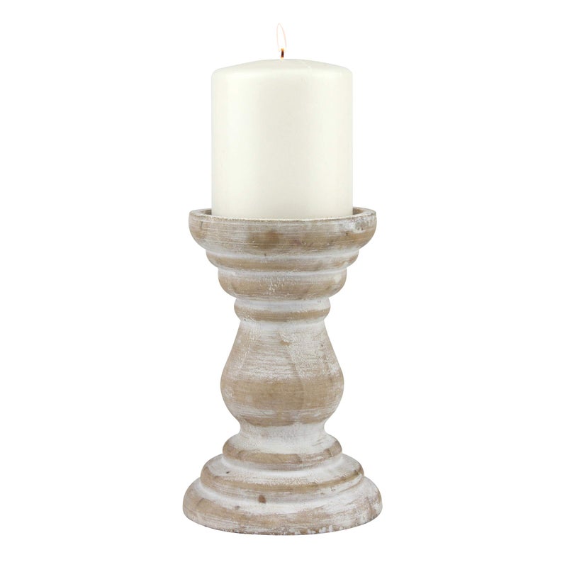 Stonebriar Antique White Wooden Pillar Candle Holder, Vintage Seaside Pillar Stand for Dining Table Centerpiece, Coffee Table, Mantel, Or Any Table Top, Medium - Image 3