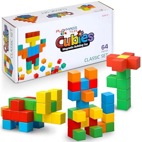 Playmags Magnetic Blocks Building Toy 64pc Magnet Cubes STEM Toys for Toddler Kids Preschool Educational Sensory Construction Block Toy for Boys Girls - Image 1
