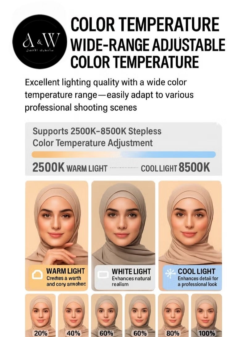 إيه آن د دبليو عدة تصوير بالفيديو مع حلقة إضاءة – مثبت يدوي للكاميرا والهاتف الذكي مع اضاءة جوال، ببطارية 8000mAh ووظيفة بنك الطاقة، إضاءة قابلة للتعديل للتصوير الخارجي، والتدوين، وتيك توك، ويوتيوب، وإنستغرام، وسناب شات، والمكياج - Image 3