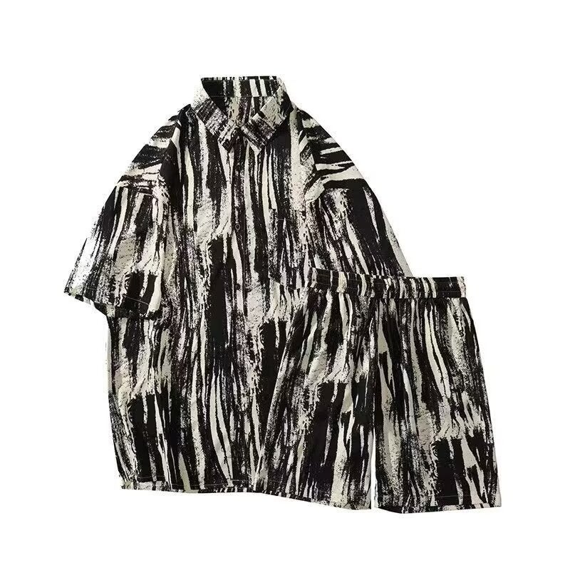 Ink-dye Short Sleeve Shirt Outfit Mens Ice Silk Shorts Set Black