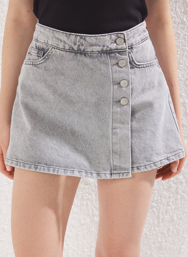 trendyol Gray*001 Button Detail High Waist Denim Shorts Skirt  - Image 3
