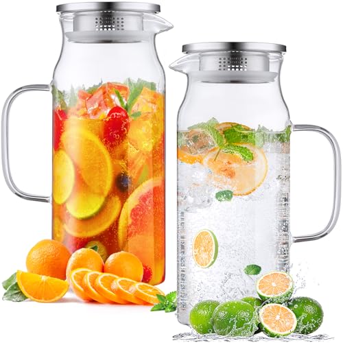 Bivvclaz 2 Pack 2 Liter 68 oz 2.1 Qt Glass Pitcher with Lid and Handle, Water Pitcher for Fridge, Glass Carafe for Hot/Cold Water, Large Iced Tea Pitcher for Coffee, Juice and Homemade Beverage - Image 1