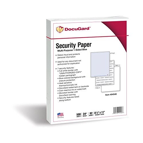 DocuGard Advanced Blue Multi-Purpose Security Paper - Fraud Prevention - 7 Security Features - Laser & Inkjet Printer Compatible - 8.5" x 11“ - 24 lb - 500 Sheets (04546) - Image 1