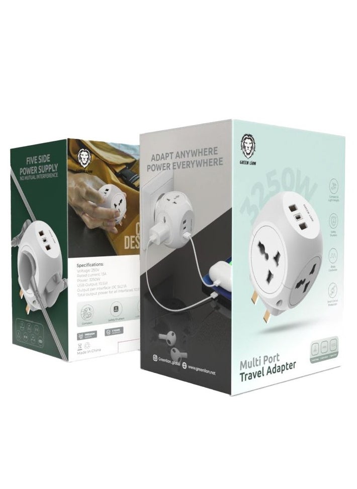 GREEN LION Green Lion Multi Port Travel Adapter, 4 Multi Plugs and 2 USB-A / 1 Type-C Port - White  - Image 1