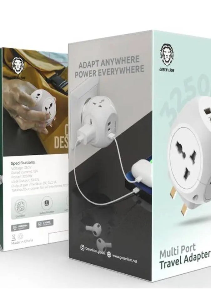 GREEN LION Green Lion Multi Port Travel Adapter, 4 Multi Plugs and 2 USB-A / 1 Type-C Port - White  - Image 3
