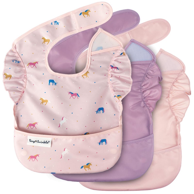 Tiny Twinkle MessProof Baby Bib Waterproof Bib for Baby Girl Machine Washable Adjustable Closure PVC BPA Phthalate Free Great for Travel Baby Food Bibs 3 Pack Unicorn Set