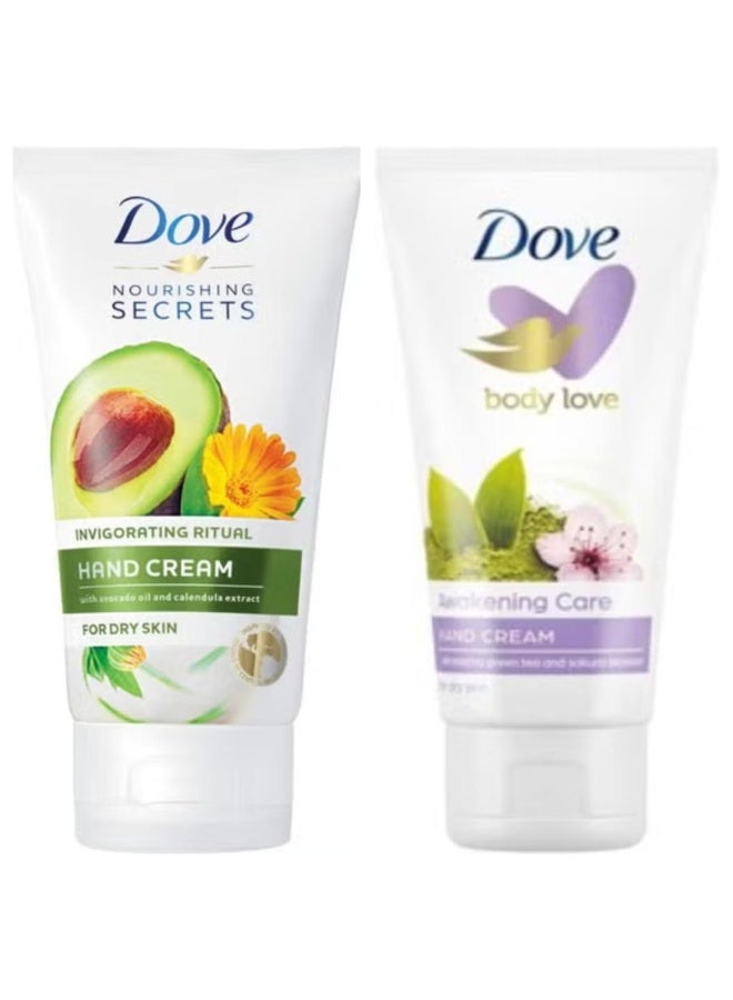 عبوتان من كريم اليدين دوف بزيت الأفوكادو وخلاصة زهرة الآذريون 75 مل + كريم اليدين المنعش بخلاصة الشاي الأخضر وزهرة الساكورا 75 مل