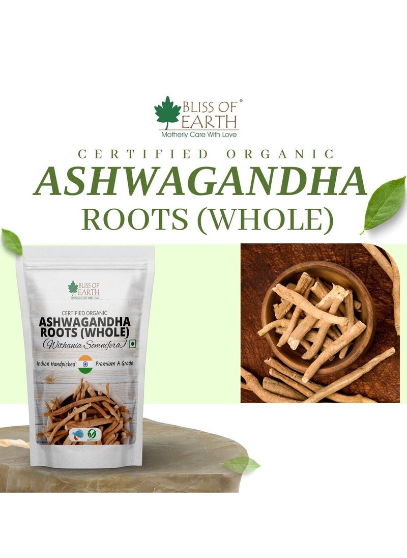 BLISS OF EARTH Certified Organic Ashwagandha Roots Whole, Withania Somnifera Premium Grade Help Boost Immunity Stress Relief 400gm  - Image 2