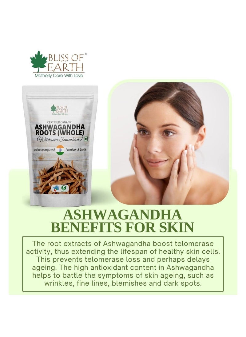 BLISS OF EARTH Certified Organic Ashwagandha Roots Whole, Withania Somnifera Premium Grade Help Boost Immunity Stress Relief 400gm  - Image 5