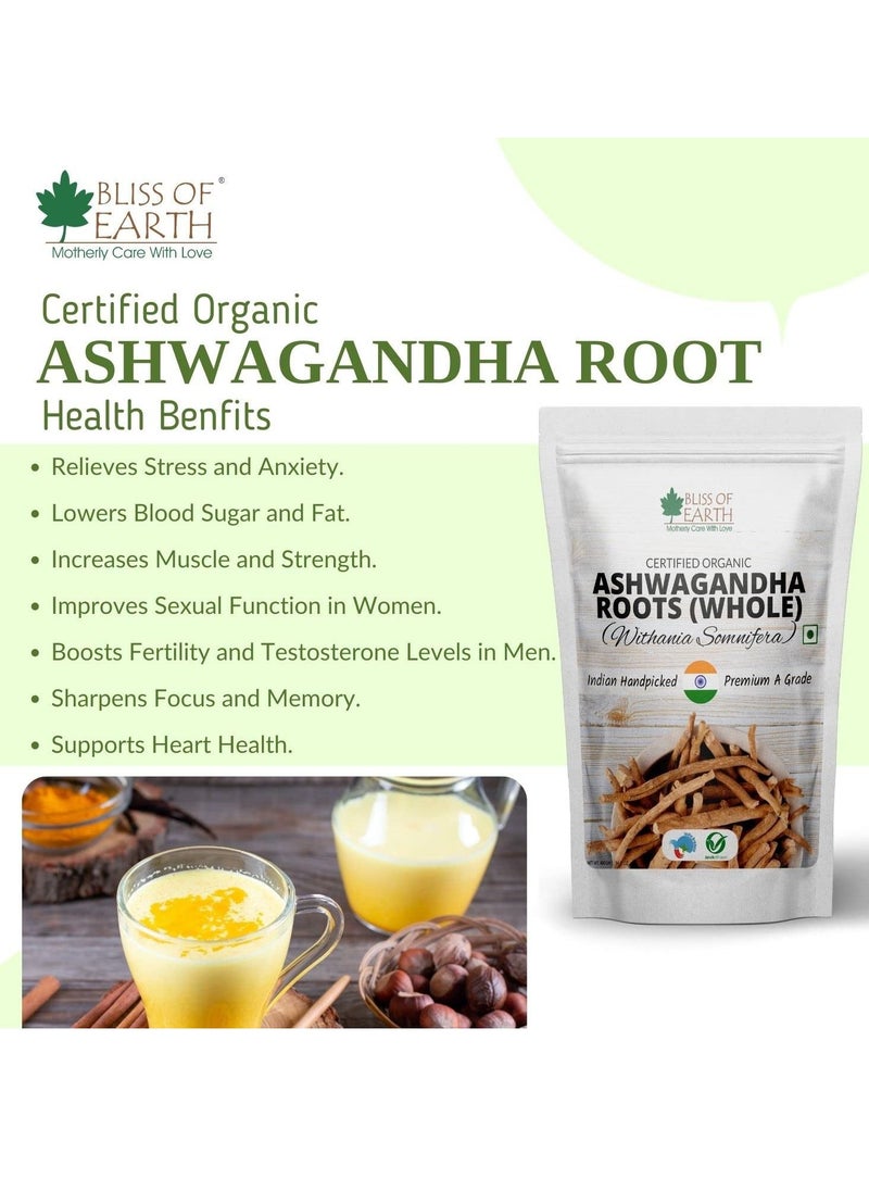 BLISS OF EARTH Certified Organic Ashwagandha Roots Whole, Withania Somnifera Premium Grade Help Boost Immunity Stress Relief 400gm  - Image 4