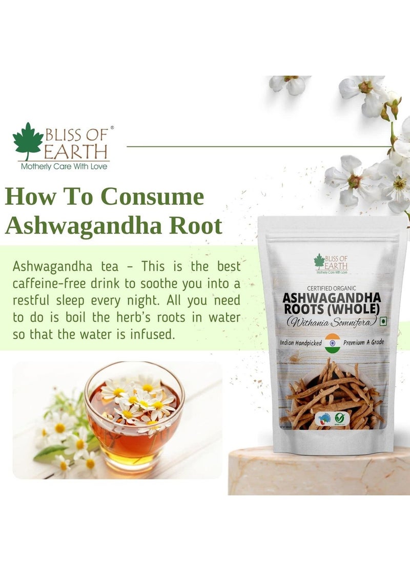 BLISS OF EARTH Certified Organic Ashwagandha Roots Whole, Withania Somnifera Premium Grade Help Boost Immunity Stress Relief 400gm  - Image 3