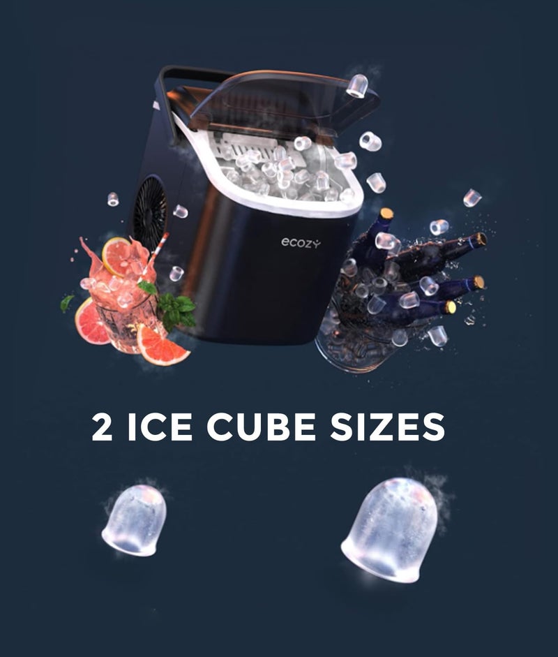 ecozy Portable Countertop Ice Maker - 9 Ice Cubes in 6 Minutes, 12kg Daily Output, Self-Cleaning with Ice Bags, Scoop, and Basket for Kitchen, Office, Bar, Party - Black - Image 4