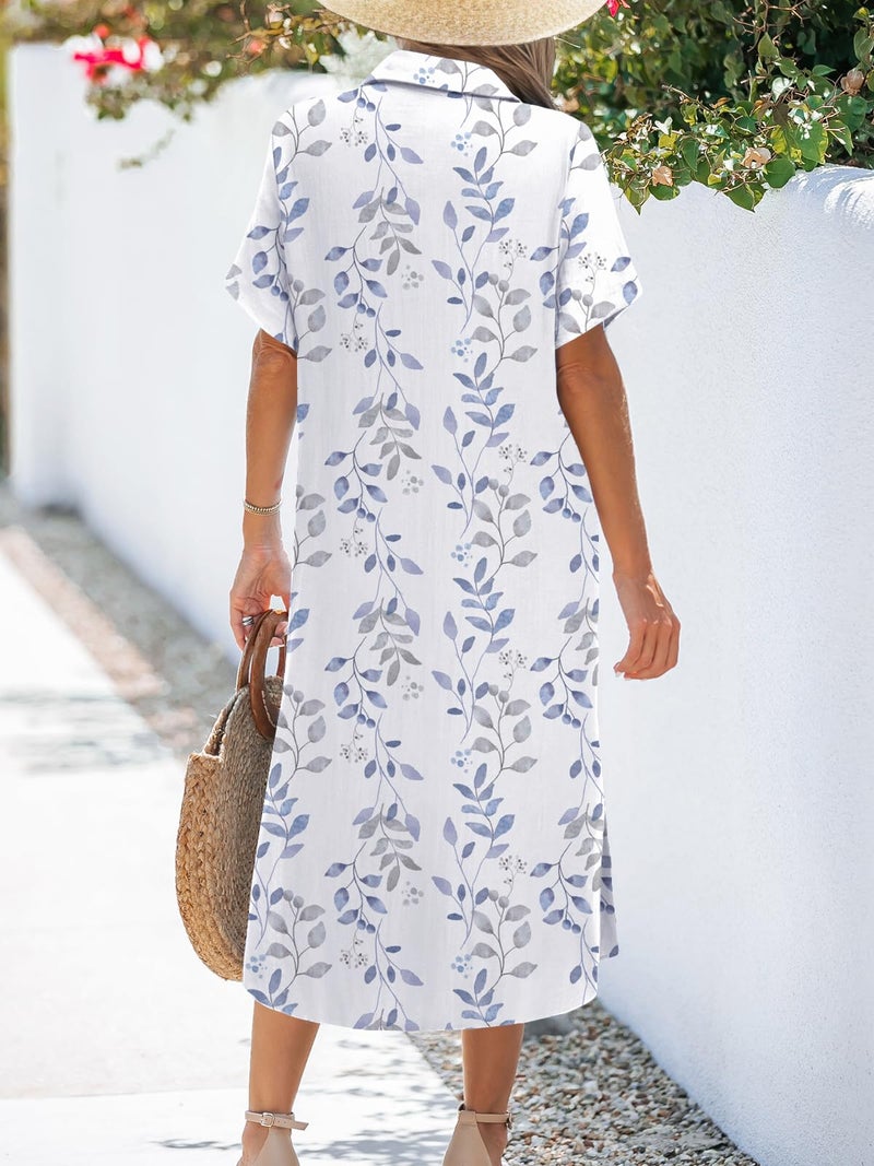 Zeagoo Women Dresses Summer Casual Short Sleeve Button Down Shirt Dresses 2025 Beach Cover Up with Pockets,White Print,L - Image 4