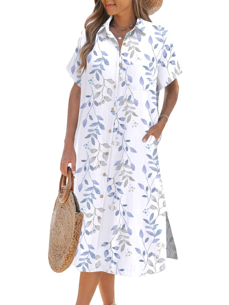 Zeagoo Women Dresses Summer Casual Short Sleeve Button Down Shirt Dresses 2025 Beach Cover Up with Pockets,White Print,L - Image 1