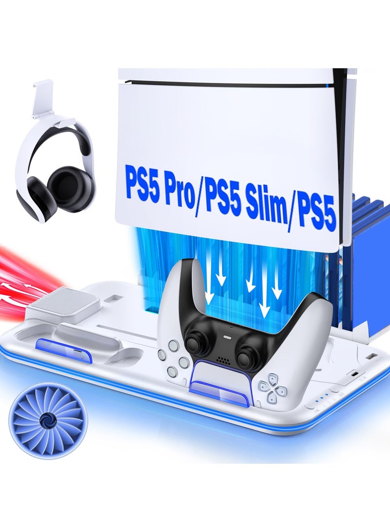 PS5 Pro/Slim/Ps5 Stand and Cooling Station with Controller Charging Station for  PlayStation 5 Slim Console Support Base, LED Dock Cooler, Headset Holder, Gaming Accessories , White - Image 1