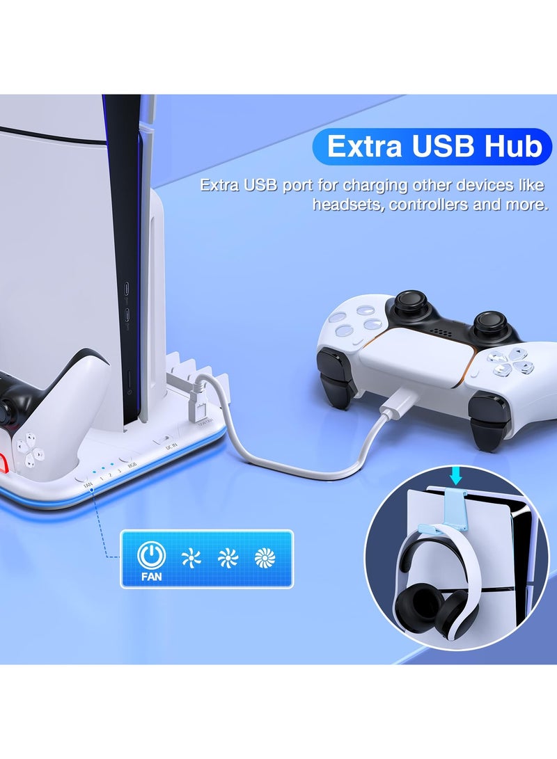PS5 Pro/Slim/Ps5 Stand and Cooling Station with Controller Charging Station for  PlayStation 5 Slim Console Support Base, LED Dock Cooler, Headset Holder, Gaming Accessories , White - Image 3
