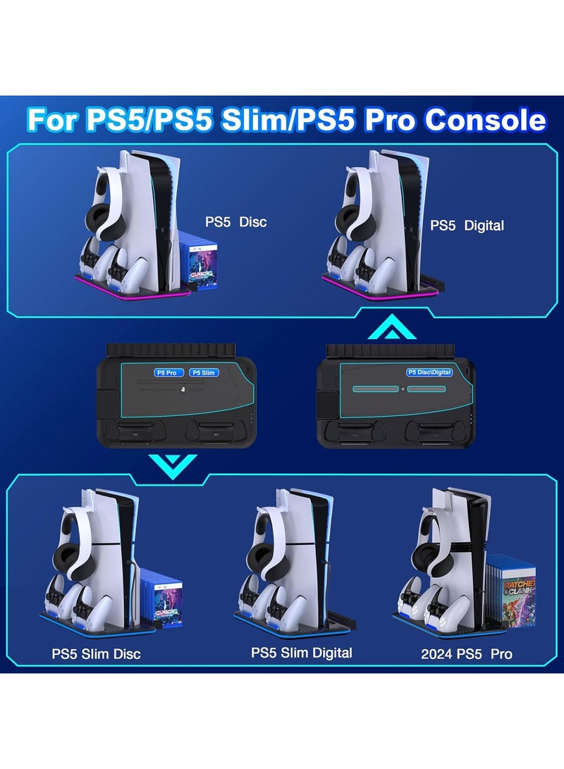 PS5 Pro/Slim/Ps5 Stand and Cooling Station with Controller Charging Station for  PlayStation 5 Slim Console Support Base, LED Dock Cooler, Headset Holder, Gaming Accessories , White - Image 4