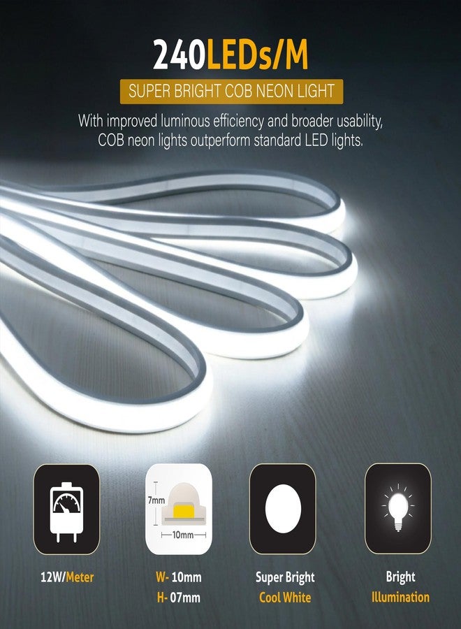 Forus 10M LED Neon Strip Light Cool White, 240 LEDs/M High Brightness COB Neon Rope Light, Waterproof IP65 Flexible Silicone Strip, Cuttable LED Light for Home, Bedroom, Wall Decor, Festival Lighting - Image 3