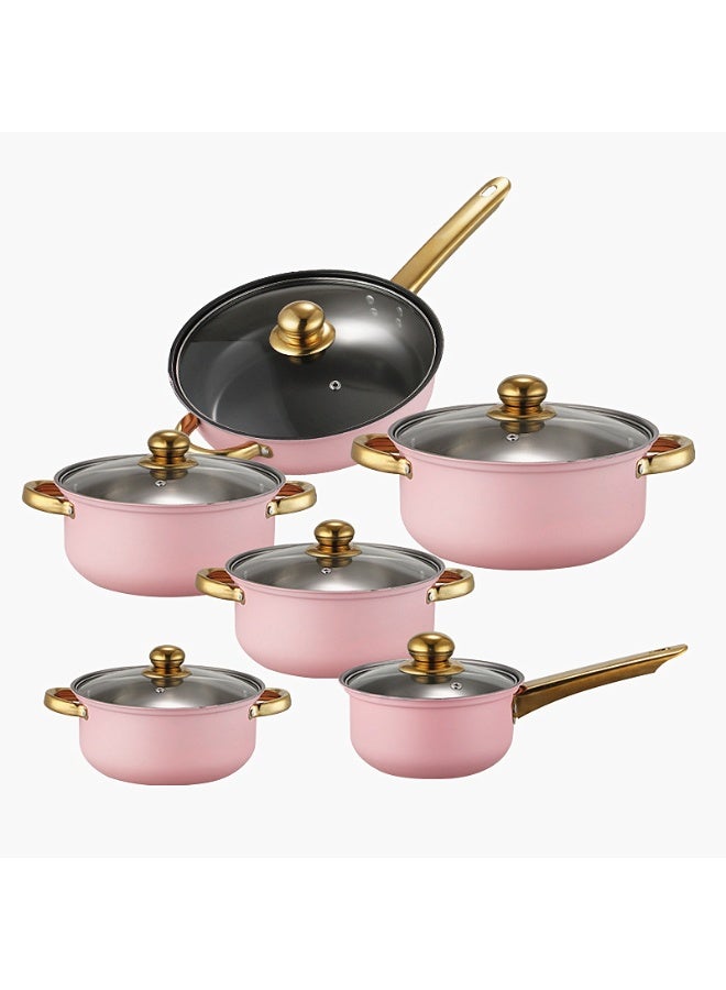 Rcan 6 Pcs Stainless Steel Cookware Non Stick Household Kitchen Pot Ergonomic Gold-Plated Handle Easy To Clean Stackable With Kettle Frying Pan Soup Pot And Milk Pot Suitable For Induction Cookers Dishwashers Ovens - Image 1