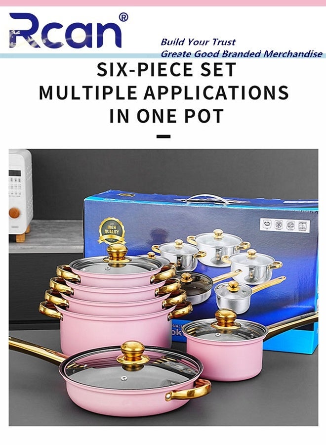 Rcan 6 Pcs Stainless Steel Cookware Non Stick Household Kitchen Pot Ergonomic Gold-Plated Handle Easy To Clean Stackable With Kettle Frying Pan Soup Pot And Milk Pot Suitable For Induction Cookers Dishwashers Ovens - Image 4