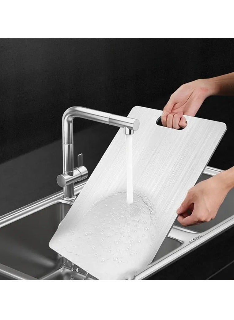 DANIM Premium Titanium Stainless Steel Cutting Board 28*18cm Double-Sided Kitchen Chopping Board durable Hygienic Edge for Safe Food Prep Silvery for Kitchen Meat Fruit Pastry Pizza Cheese Vegetables - Image 2