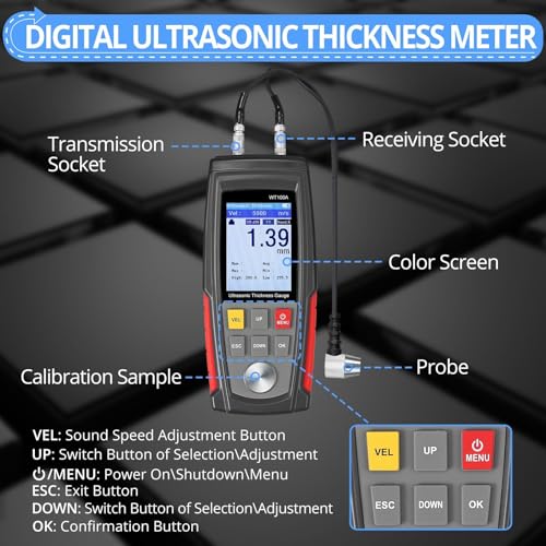 CAMWAY Digital Ultrasonic Thickness Gauge Meter with Calibration High Resolution Data Storage Backlight LCD,Thickness Meter Steel Metal Thickness Tester for Steel Aluminum Metal Copper Plate - Image 2