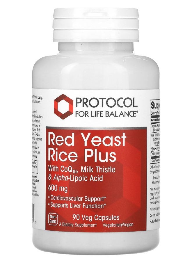 Protocol For Life Balance Red Yeast Rice Plus with CoQ10 Milk Thistle & Alpha-Lipoic Acid 600 mg 90 Veg Capsules  - Image 1