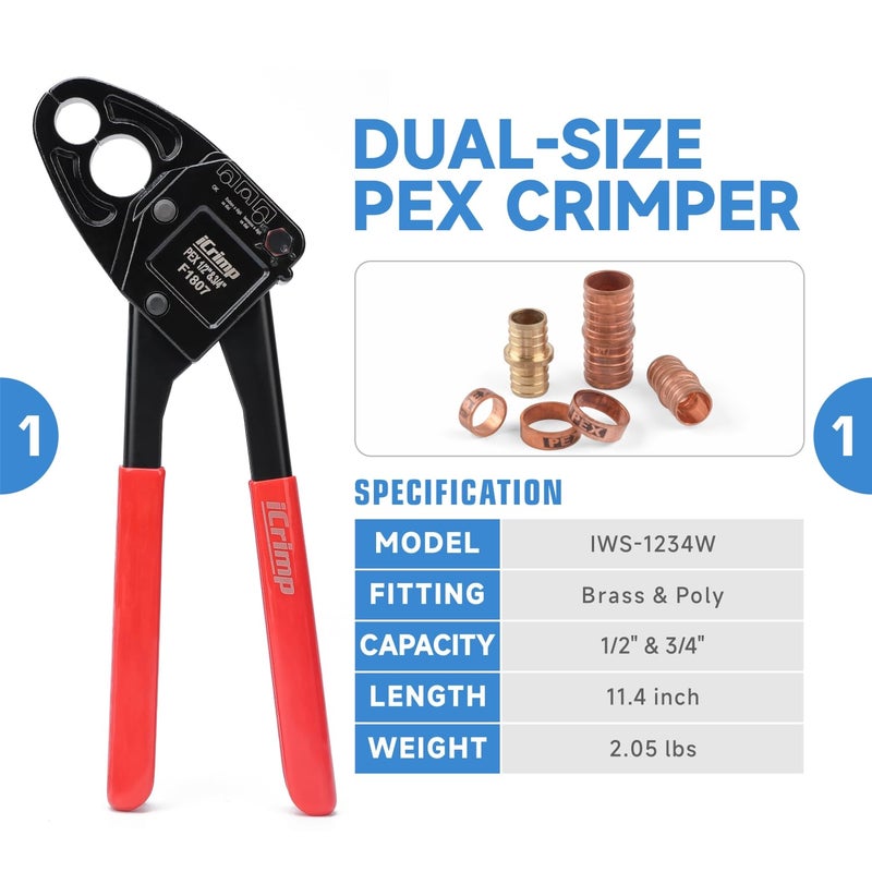 iCrimp ICP-1234AH PEX Crimping Tool Kit - 1/2-in & 3/4-in Copper Crimp Rings, Dual Size Crimper, PEX Removal Tool and Pipe Cutter - Meets ASTM F1807 Standard - Image 2